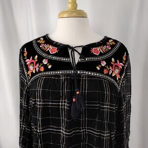 Peasant Top Black with floral embroidered velvet yoke